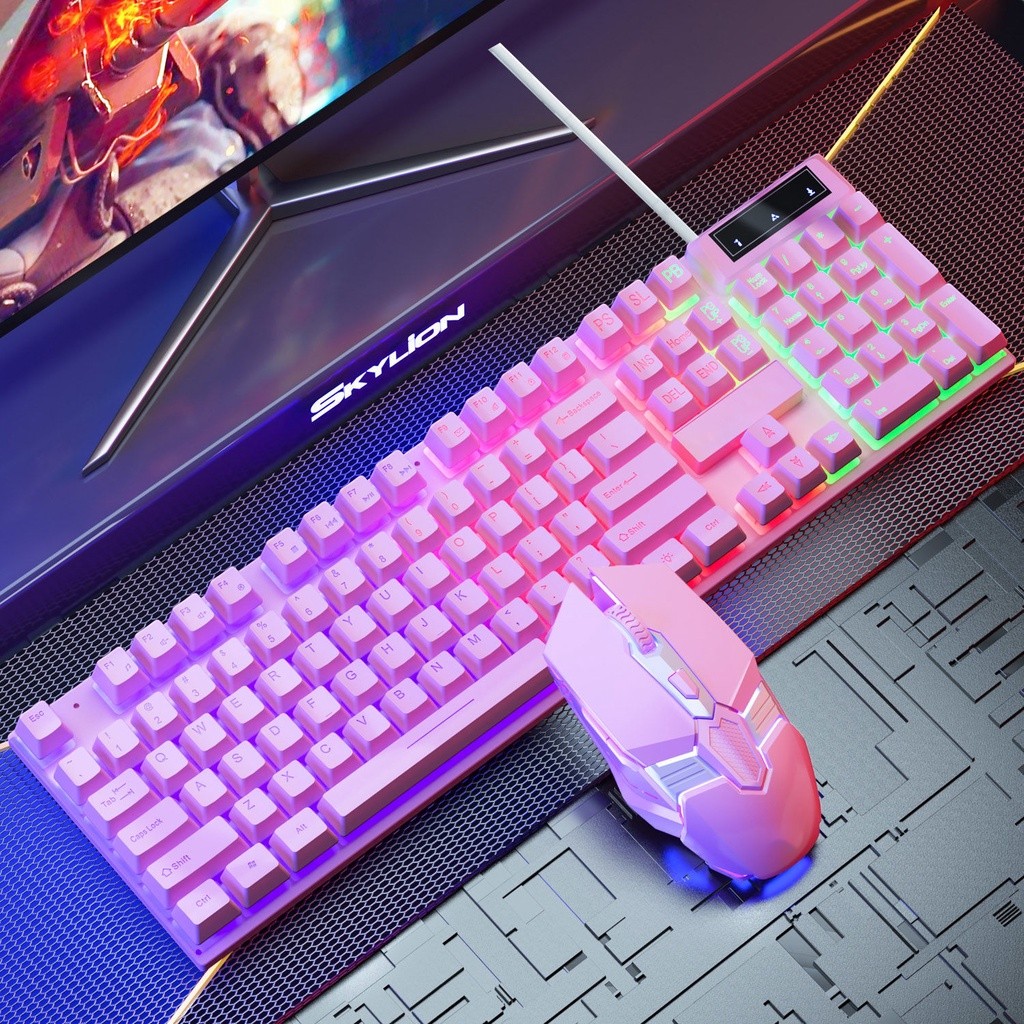 Set Keyboard dan mouse Gaming Pink Ungu Lucu Lampu Latar LED Mekanik Kabel Untuk Anak Perempuan 104 