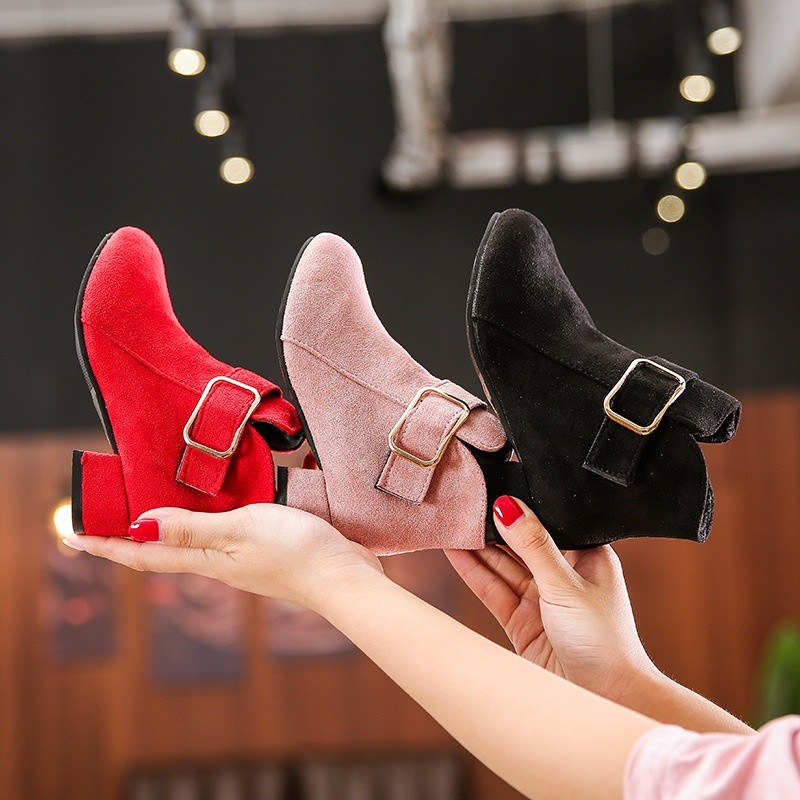 COD Sepatu Bot Anak Perempuan Sepatu Bot Martin Hak Tinggi Suede Fashion Merah 3-12 Tahun Sepatu Tun