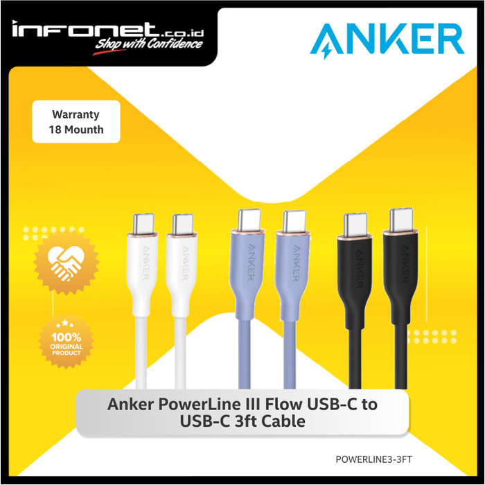 Terlaris Produk ANKER POWERLINE III FLOW USB-C TO USB-C 3FT CABLE - POWERLINE3-3FT