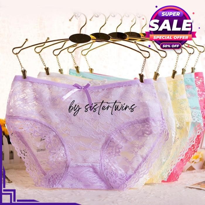 CD WANITA SEXY CELANA RENDA TRANSPARAN WARNA PERMEN - - UNGU MUDA, L BY SISTER TWINS STORE BEST SELL