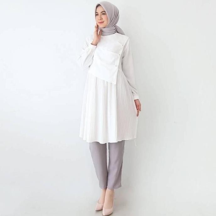 Baru Tunik Wanita Putih Model Plisket