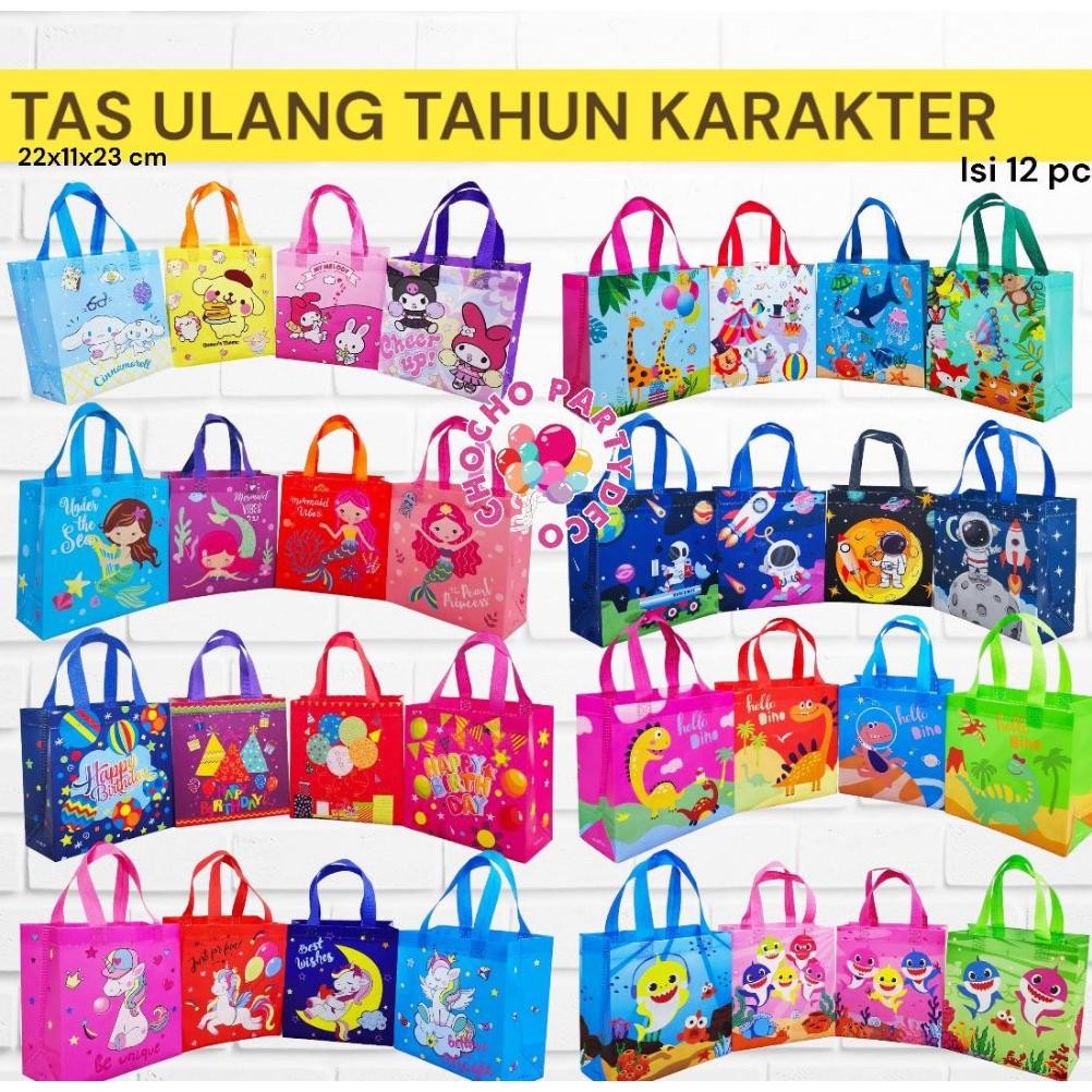 

(12pc) Tas ulang tahun goodie bag baby shark unicorn dino - Tas Spunbond Prem kcl kar 23x22x11