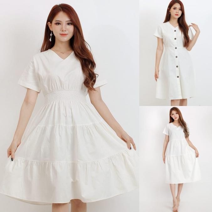 White Midi Dress Lebaran Wanita Putih A Line Vintage Katun uniqlo TBRD IS81