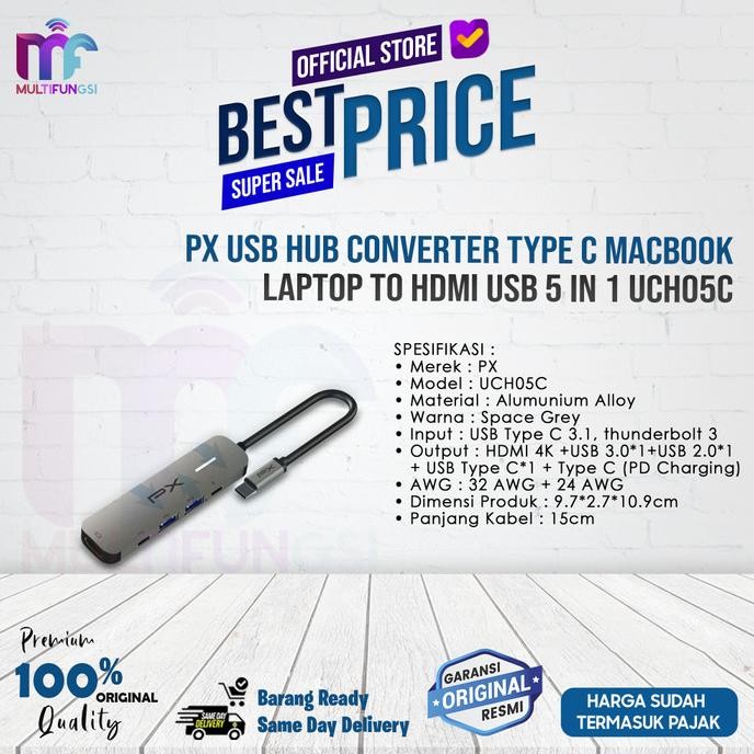 

PX USB Hub Converter Type C Macbook Laptop to HDMI USB 5 in 1 UCH05C