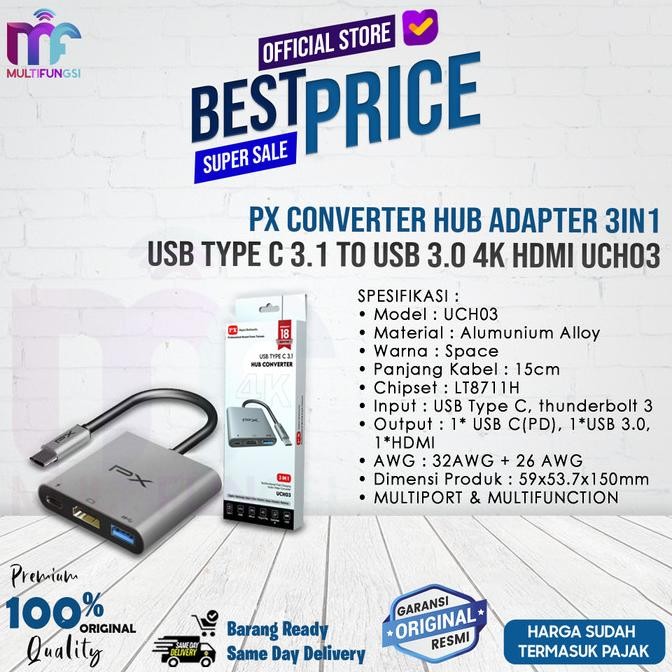 

PX Converter Hub Adapter 3in1 USB Type C 3.1 to USB 3.0 4K HDMI UCH03