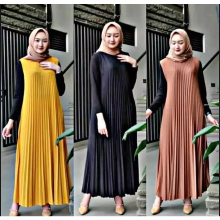 LONG DRESS FULL PLISKET JUMBO // GAMIS WANITA DEWASA TANPA LENGAN - Hitam