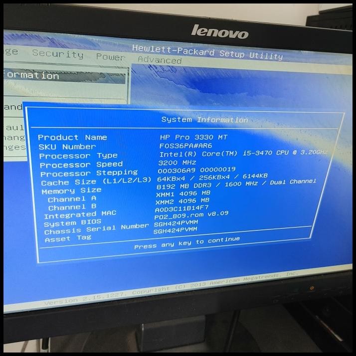 CPU HP PRO 3330 MT | intel core i5 3470 | RAM DDR3 8GB | SSD 256GB