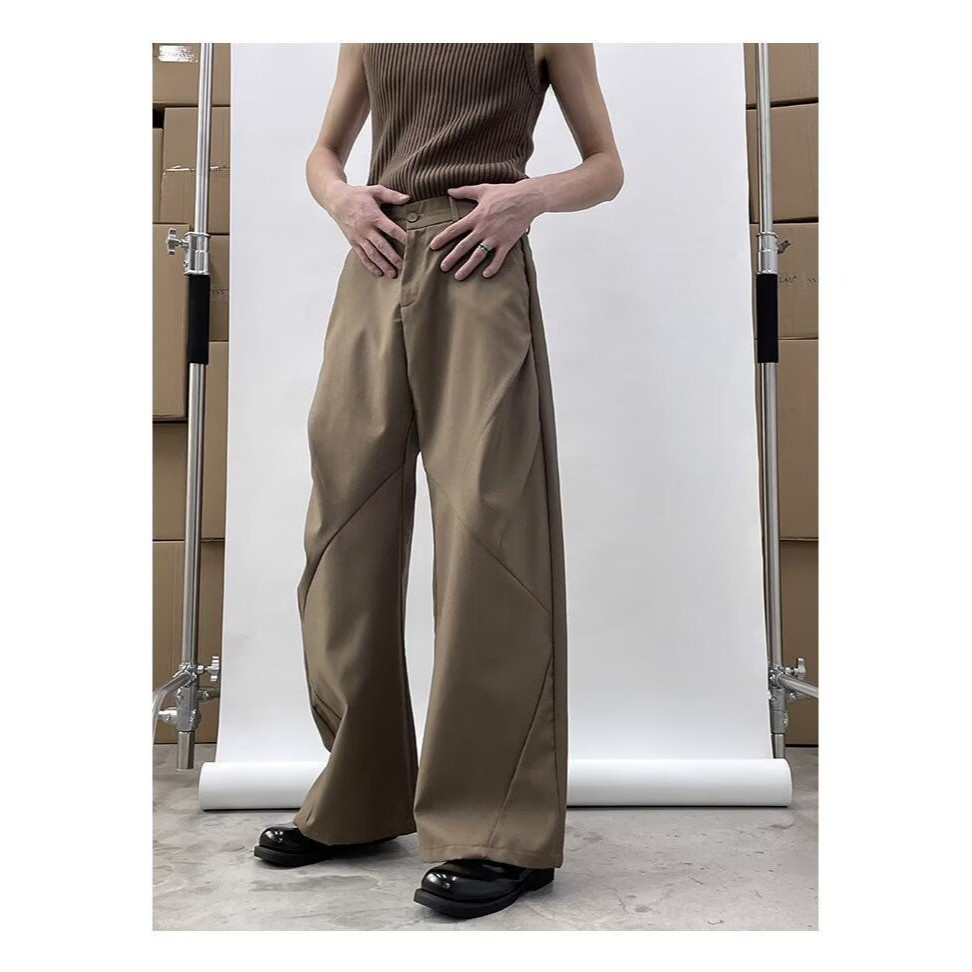 Celana Olahraga Lurus Longgar Pria, Bawahan Crop Kaki Lebar