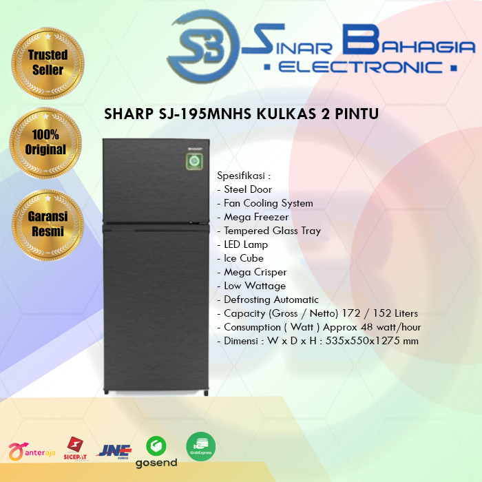 SHARP SJ-195MNHS KULKAS 2 PINTU  (NEW) (KHUSUS BANDUNG)