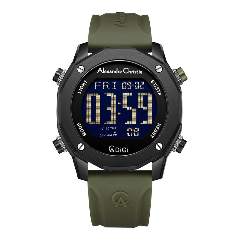 Jam Tangan Pria Alexandre Christie Digi AC 9377 MH RIPBAGN Men Digital Dial Green Rubber Strap