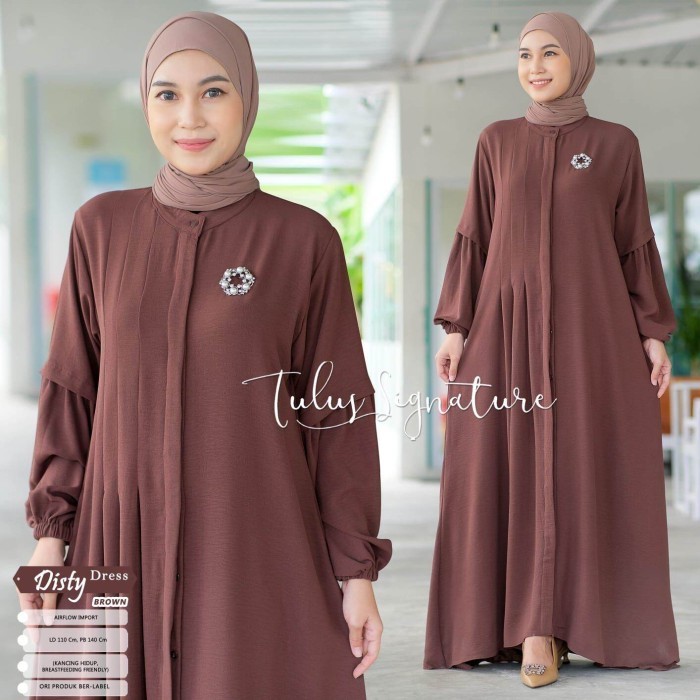 ORIGINAL Disty Dress Gamis Wanita Muslim Motif polos Crinkle Airflow LD 110 - Brown