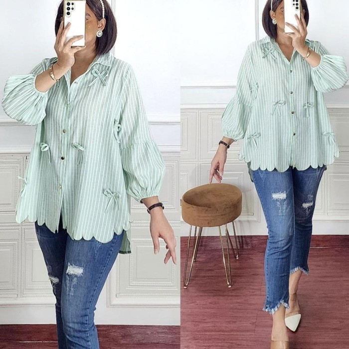NEW ATASAN JUMBO BORDIR WANITA BLOUSE JUMBO KATUN SALUR LD 122 APLIKASI PITA -BOWIE TOP - mint