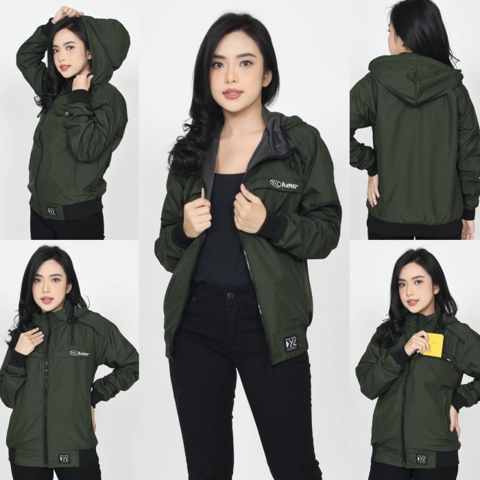 TERLARIS Jaket Parasut Taslan Waterproof Bolak Balik Wanita Original Distro Hoxer - hijau army, M