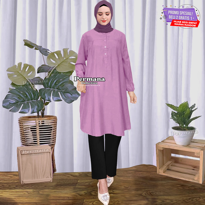 PROMO Baju Atasan kemeja Tunik Wanita Muslimah Terbaru Lengan Panjang Jumbo - Lilac, XL GM165