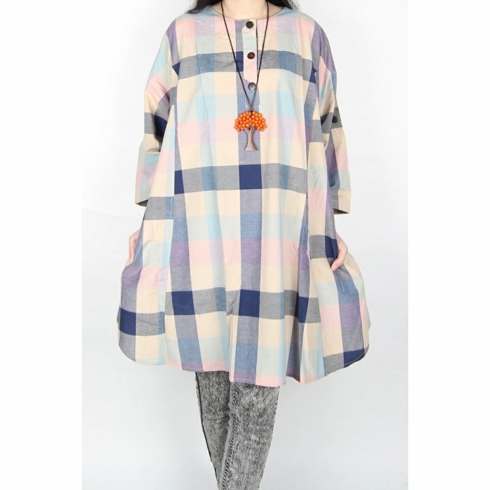 Promo WK TUNIK JUMBO KOTAK BAHAN KATUN LD 130 FIT 5L KEMEJA JUMBO WANITA - Biru