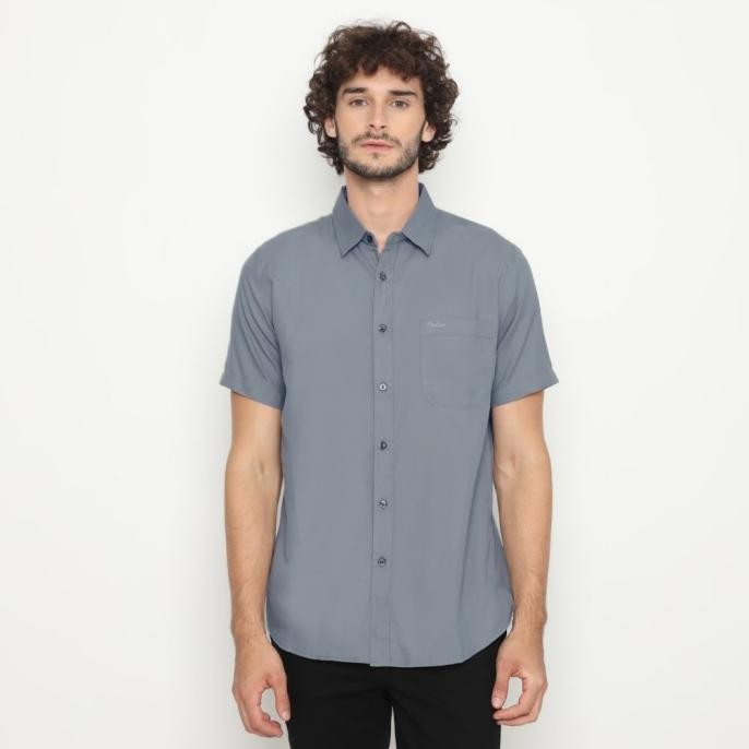 

BLUE- POLICE KEMEJA POLOS BASIC COTTON SOFT BLUE GREY REGULAR FIT PRIA