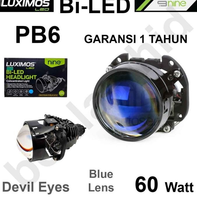 

BLUE- PROJEKTOR BILED NINE LUXIMOS PB6 60 WATT BLUE LENS + DEVIL EYES LAMPU HEADLAMP HI/LO