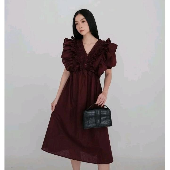 jku Midi Dress Ruffle Baju Natal Imlek Wanita Fit to XL Kecil