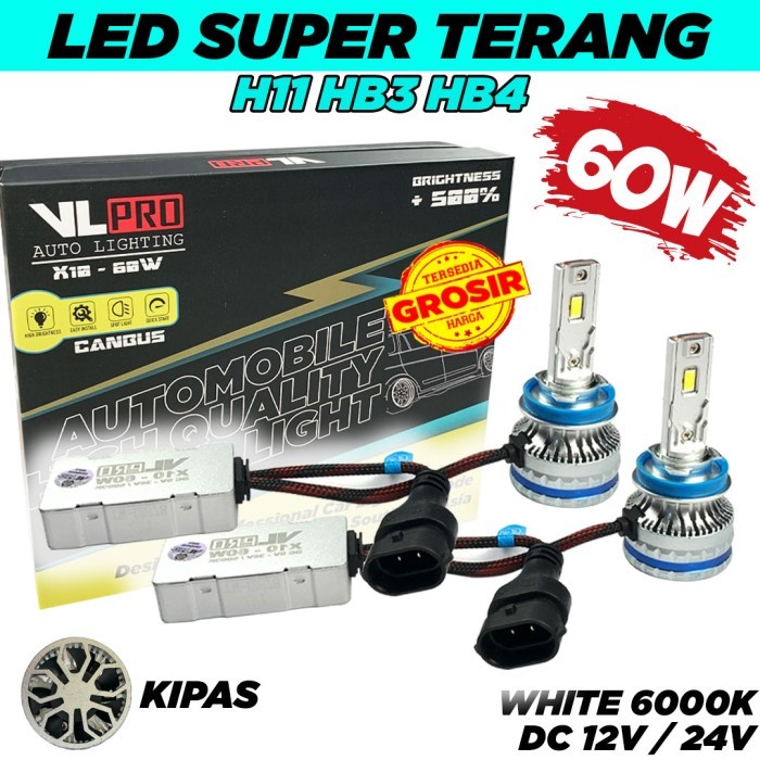 Ultra Mur4H- Led H11 Hb3 Hb4 Vlpro X10 60W Putih Headlamp Foglamp Super Terang