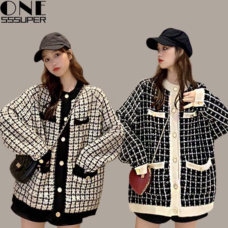 putih/hitam/merah muda/hijau/Sweater Rajut Kotak-kotak Lengan Panjang Gaya Korea Jaket Sweater Retro