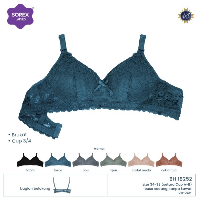 Bra Wanita Sorex Bra Tanpa Kawat Busa Kait 2 Cup A-B Cup 3/4 Brukat Harian BH 18252 - Abu-abu, 34 ke