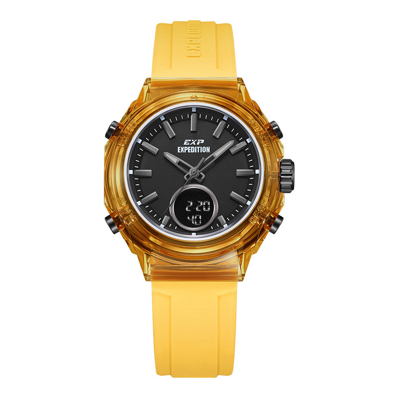 Jam Tangan Wanita Expedition Ladies E 6831 MH RIGBAYL Black Digital Analog Dial Yellow Rubber Strap