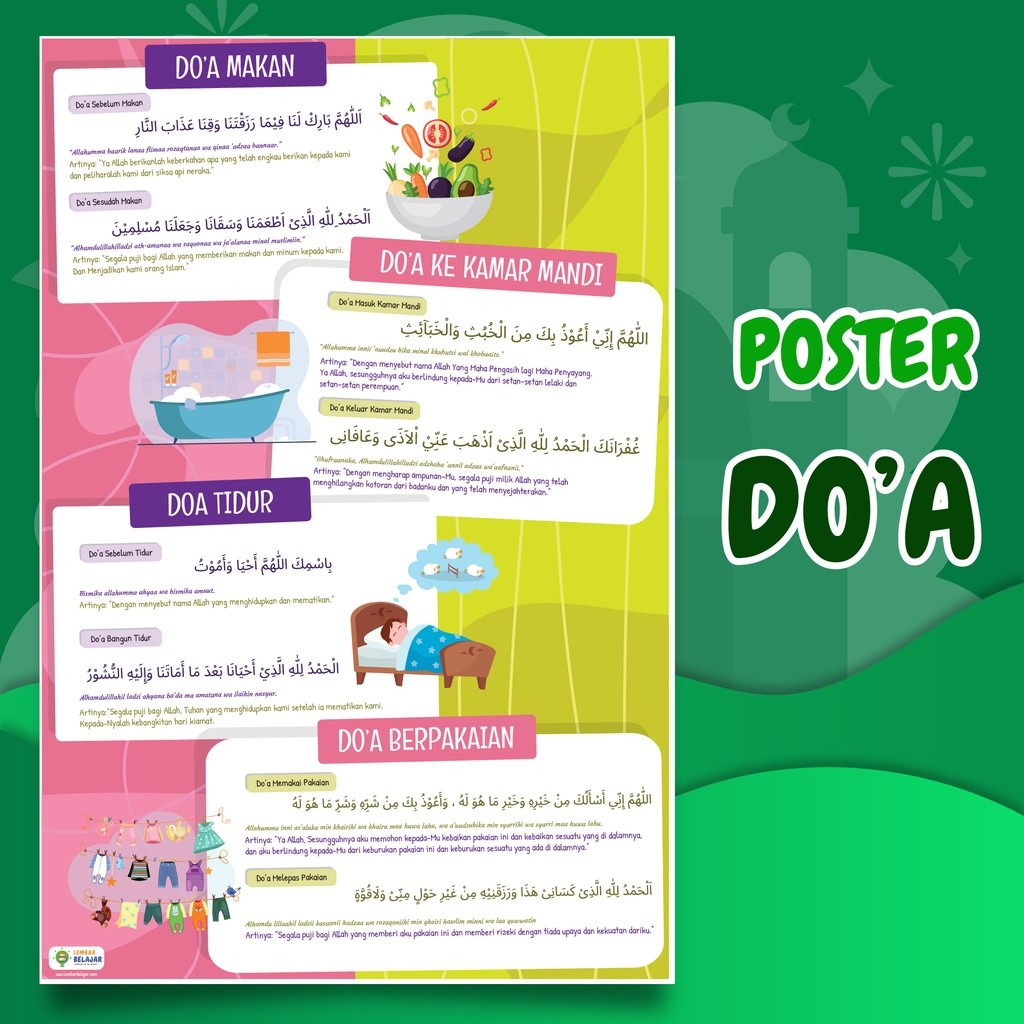

Adaajaa Poster Edukasi Kumpulan Do'a Makan, Tidur, Berpakaian, ke Kamar Mandi, Poster Belajar Anak
