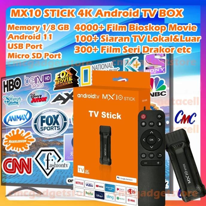 MX10 Stick 4K Android TV Box Full Channel Siaran TV Lokal + Luar Negeri Wifi Bluetooth Smart TV Box 