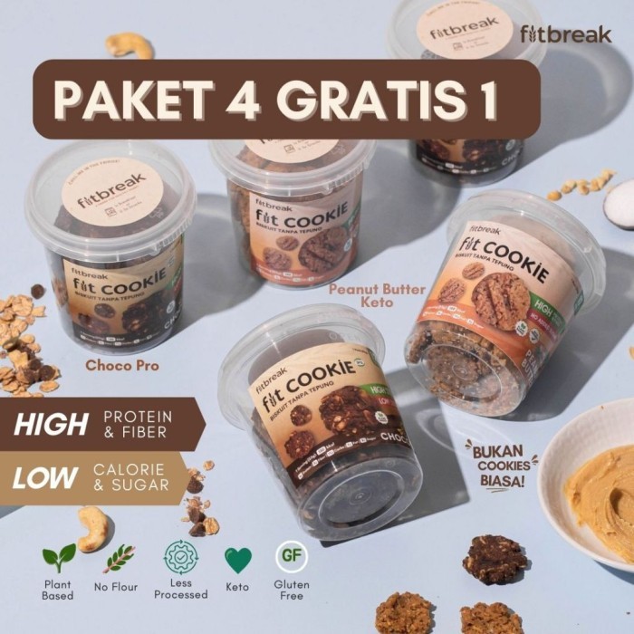 

Paket 4 Gratis 1 Fit Cookie / Biskuit Tanpa Tepung Tinggi Protein / Serat Lebih Hemat Snack Sehat