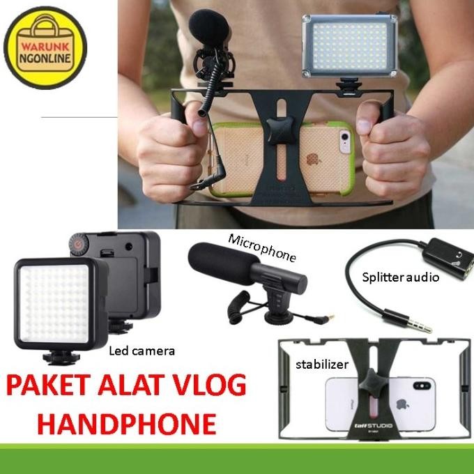 Paket alat vlog handphone - stabilizer hp , led kamera , microphone hp