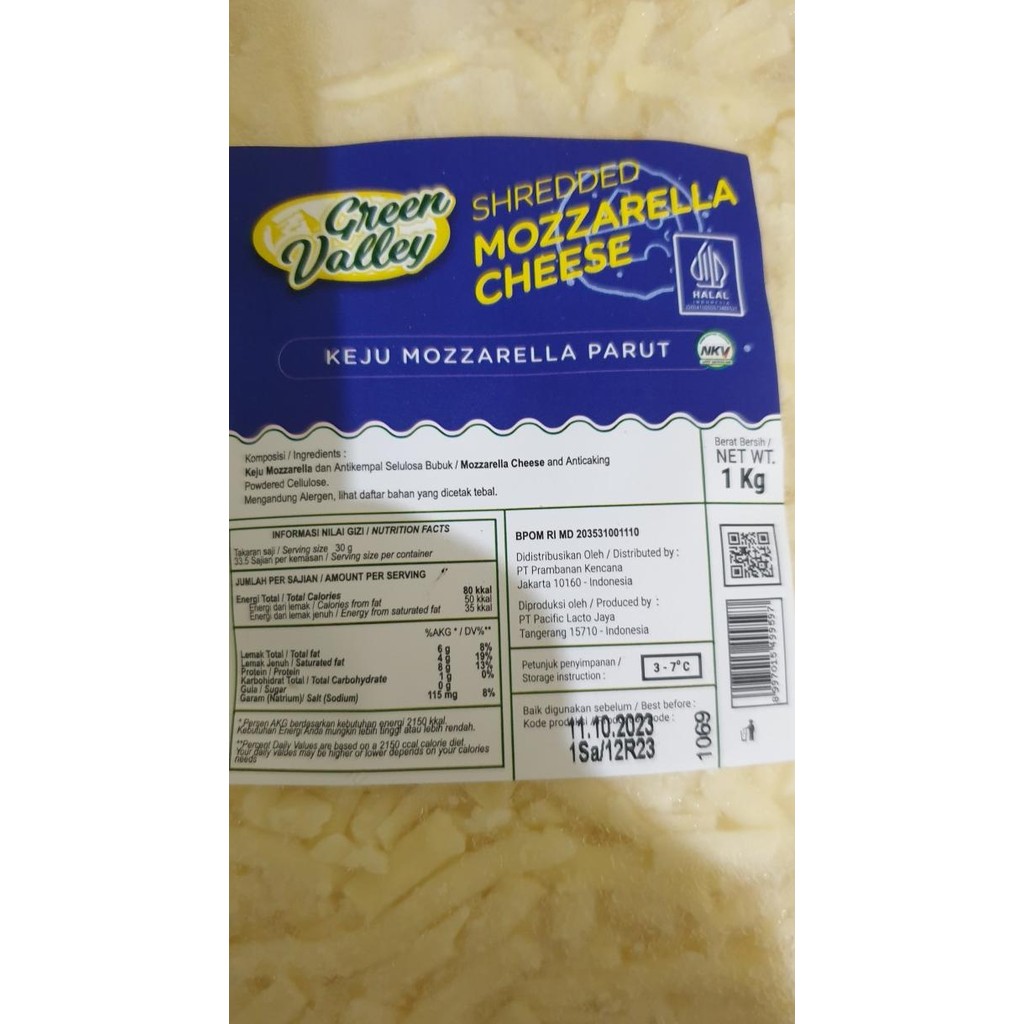 

Keju Green Valley Mozarella Parut 1Kg Shredded Cheese Extra Stretch GS