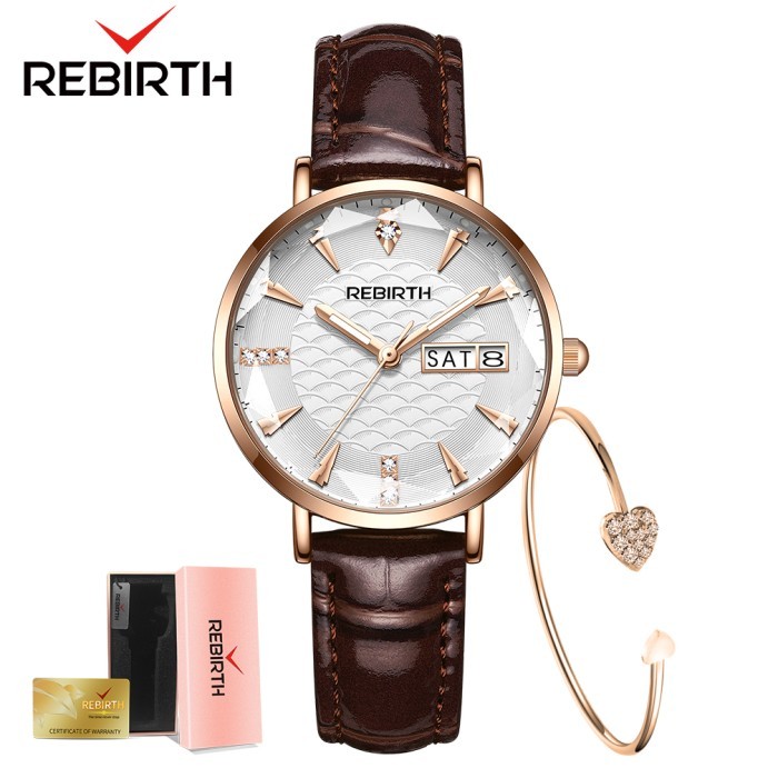[TERBAIK] REBIRTH Jam Tangan Wanita Tali Kulit Mode Tahan Air Kuarsa Jam Cewek - brown white H8V44