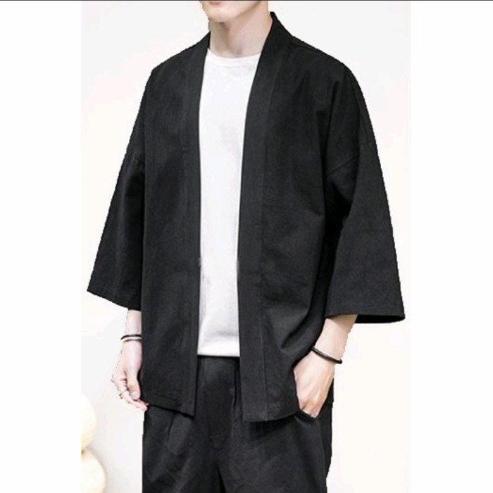 TERLARIS Kimono Polos Pria Japan Warna Hitam Bahan Fleece javanes anime
