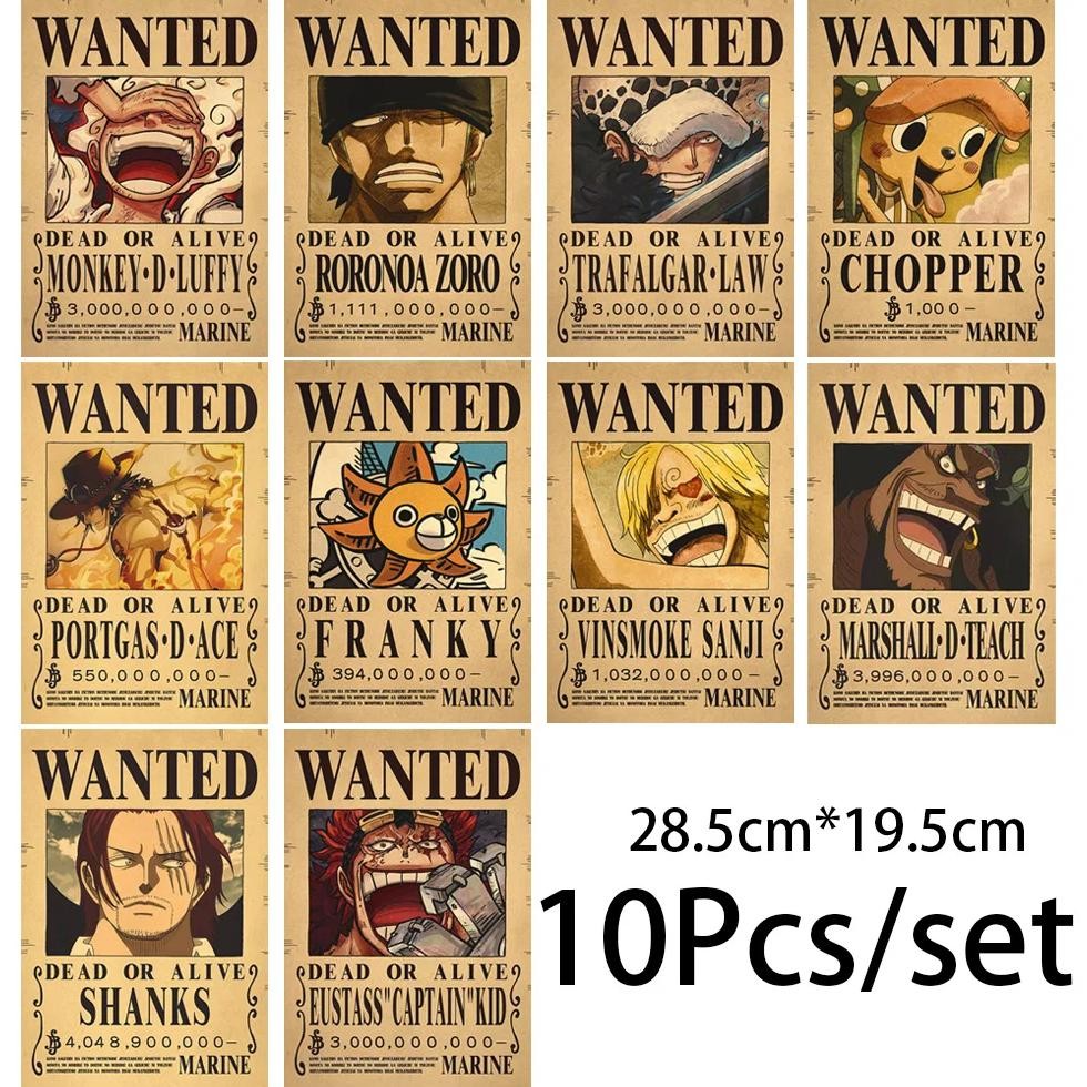 10Pcs Anime One Piece Luffy Wanted Vintage Posters Set for Room Wall Decoration Cartoons Zoro Wanted