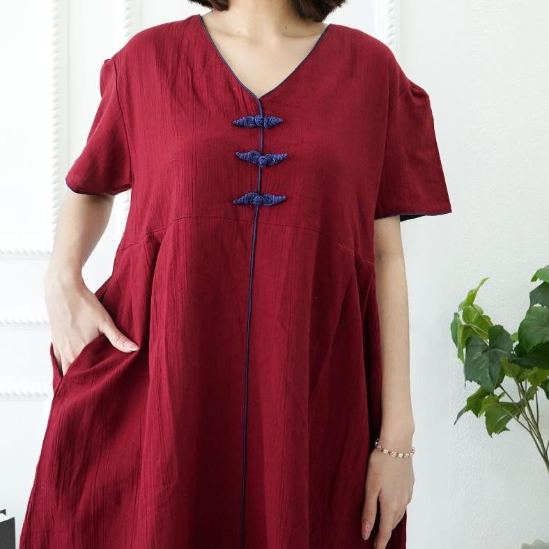 BVF Dress Cheongsam Qupao Imlek CNY Maroon Wanita Pesta Party Linen Crinkle