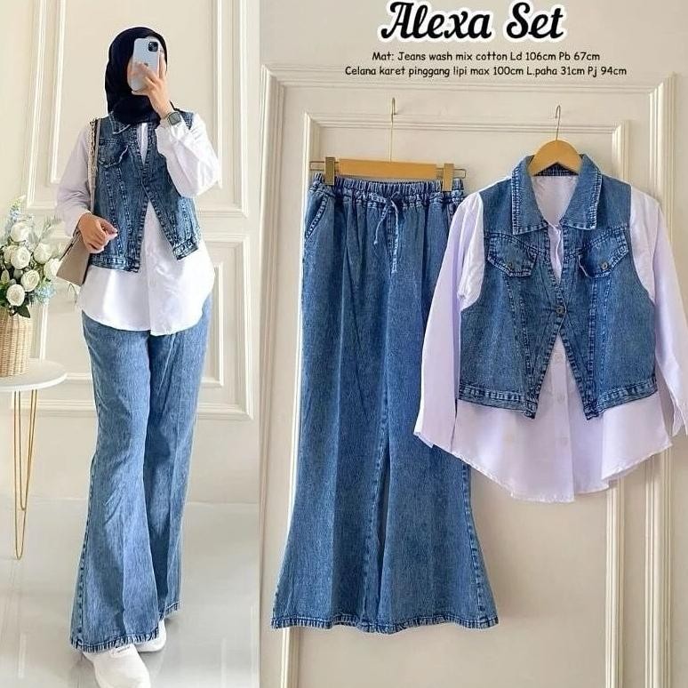 dim setelan wanita remaja ootd model kekinian ld 110 alexa set 2in1 baju atasan set rompi + celana j