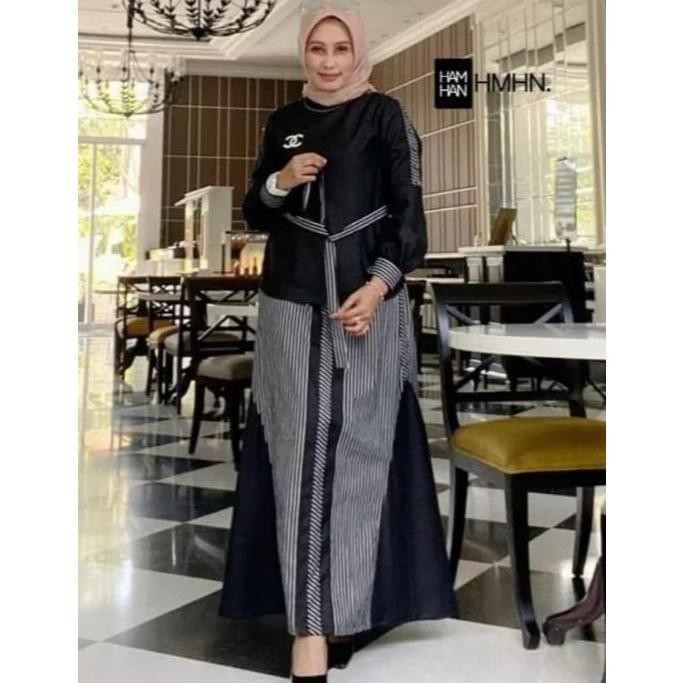 nie one set hitam salur katun | one set hitam putih | baju wanita | baju wanita | kemeja wanita | bl