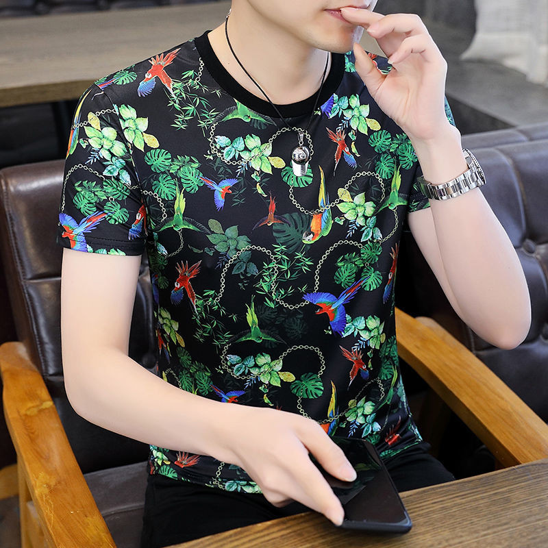 

Summer Milk Silk Short-Sleeved T-shirt Men's Trendy plus Size Crew Neck T-shirt Fashion Printing Men's Undershirt