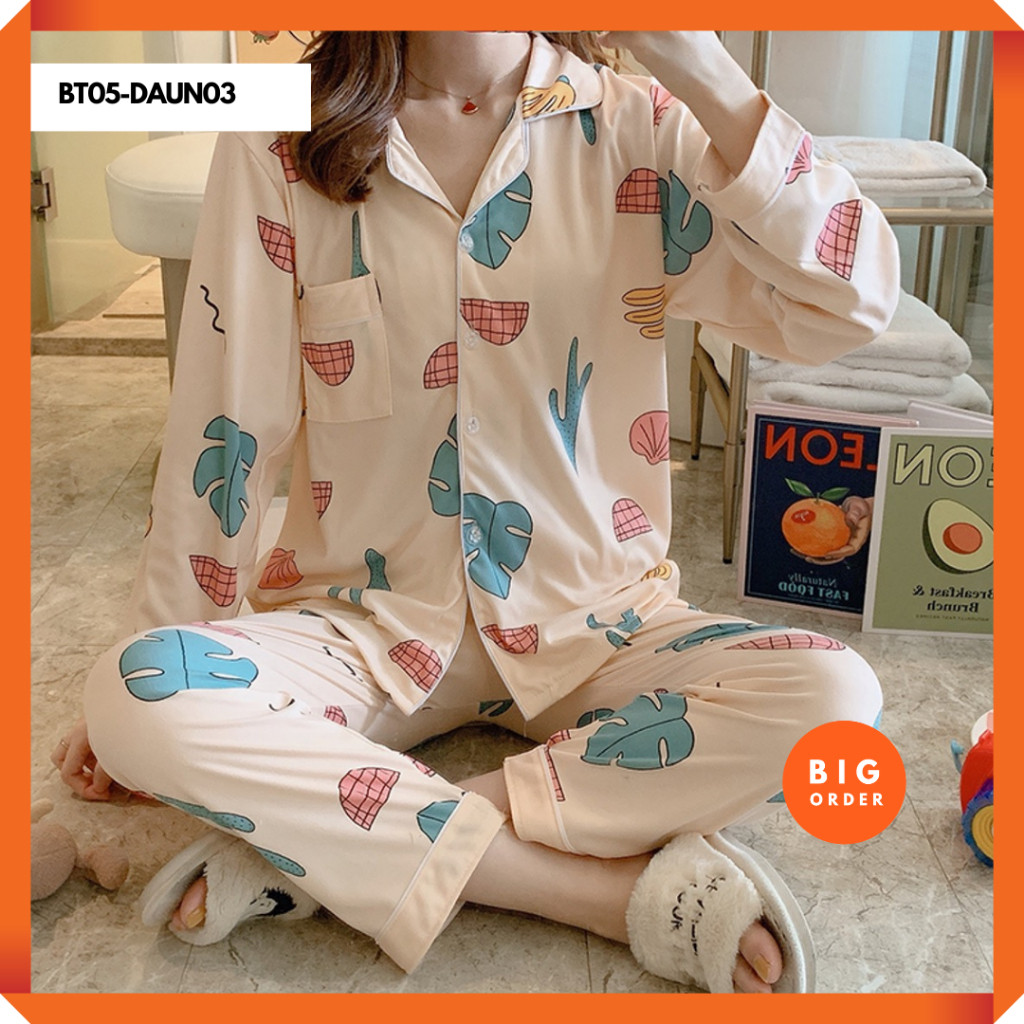 CUCI GUDANG  PROMO BAJU DASTER  Piyama Set Wanita Kemeja Lengan Panjang Celana Panjang Model