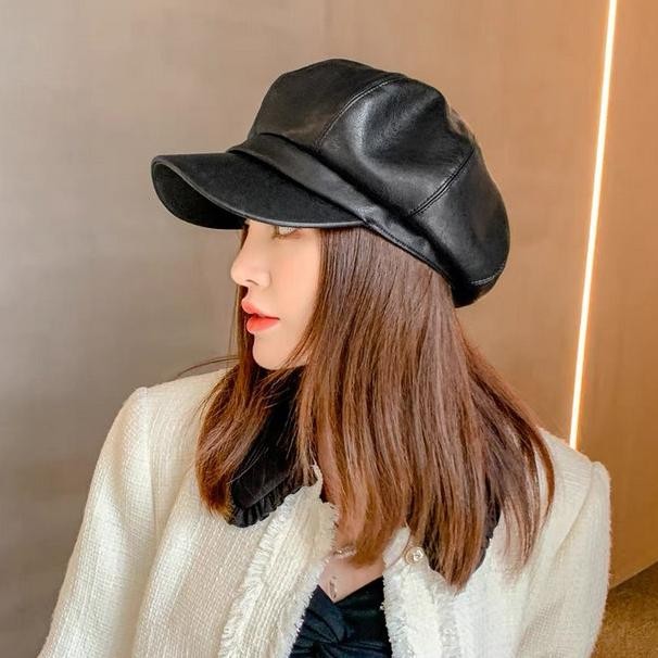 Topi Baret Leahter Hat Topi Kulit LA SPEZIA Vintage Topi Hitam Oktagonal Cap DS