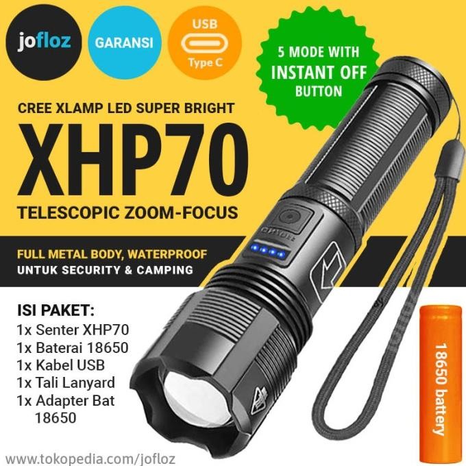 Senter Led Xhp70 Zoom +Baterai 18650 Usb Recharge - Xhp 70 P7 Original Terlaris