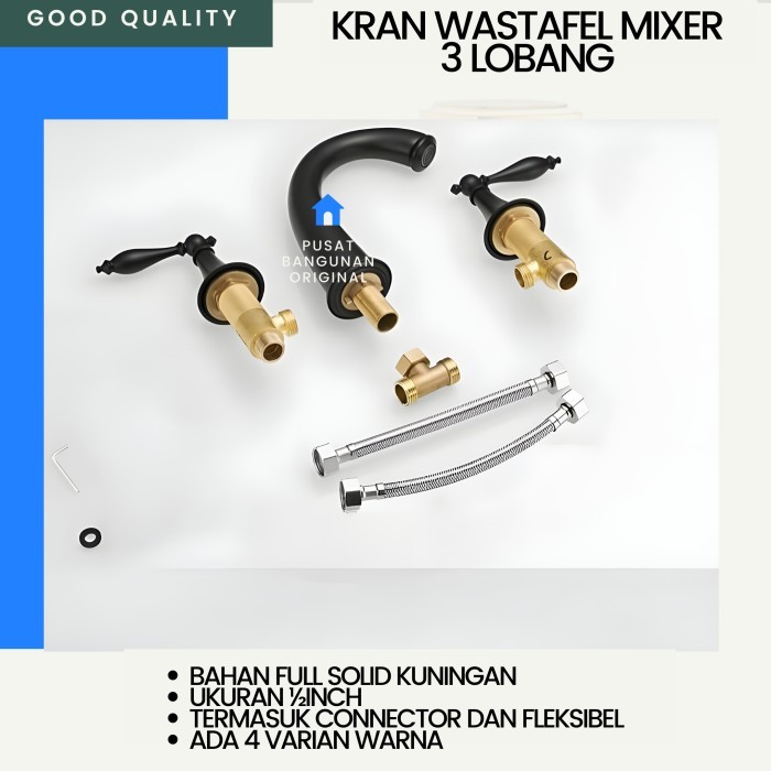 Terhemat Kran Wastafel 3 Lubang Keran Air Panas Dingin Mixer Glossy Chrom Bertu