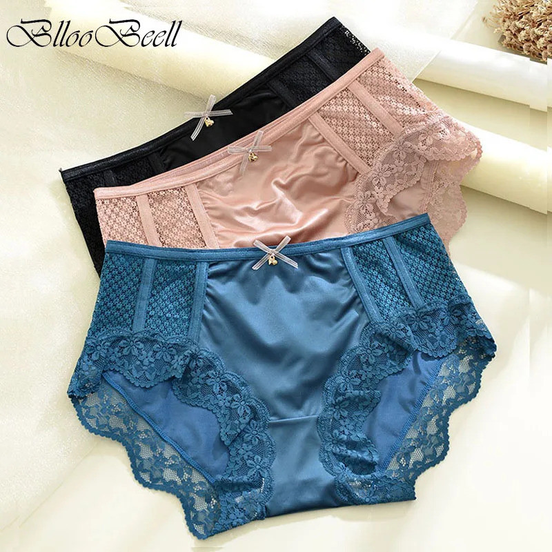 New Satin Women's Underwear Sexy Lace Panties Seamless Low Waist Girls Soft Ice Silk Briefs Solid Co