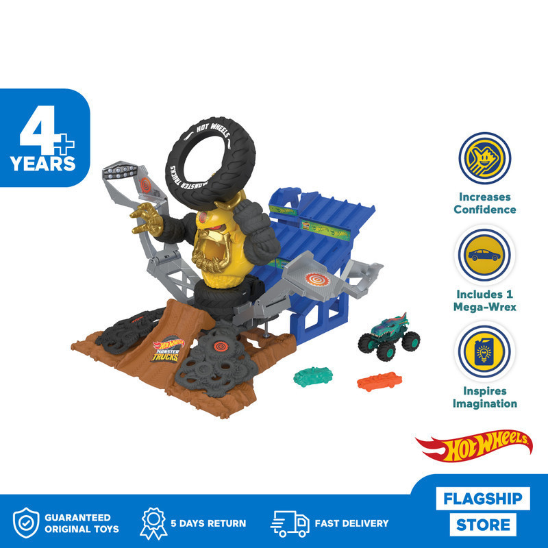 Hot Wheels Monster Trucks Arena Smashers MEGA-Wrex vs. Crushzilla Takedown Playset - Mainan Trek Mob