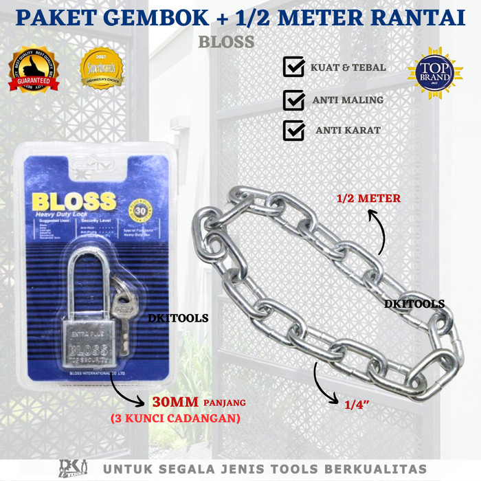 Best Seller Paket Gembok 30Mm Bloss Panjang + Rantai 1/2 Meter Kuat Anti Karat & Tebal (1/4")