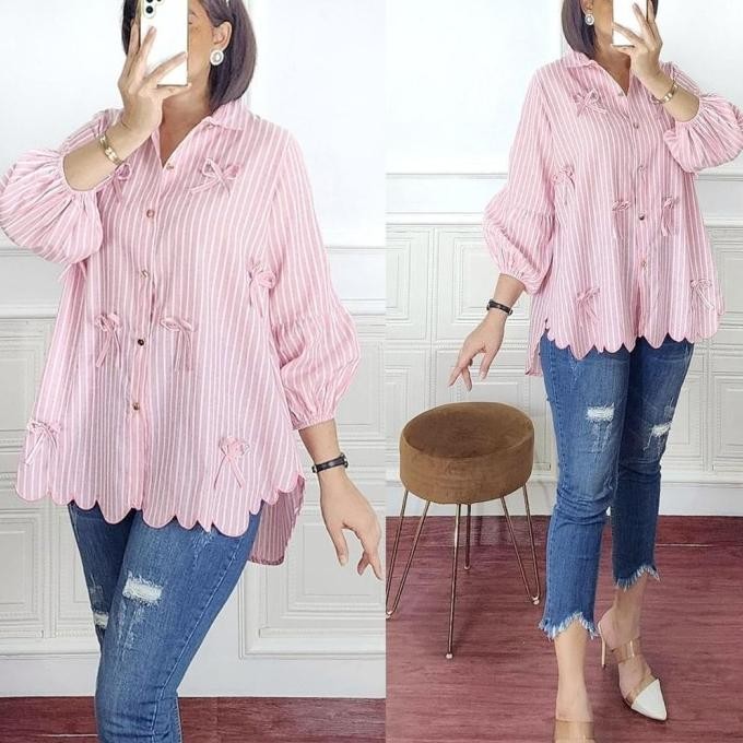 ATASAN JUMBO BORDIR WANITA BLOUSE JUMBO KATUN SALUR LD 122 APLIKASI PITA -BOWIE TOP GM