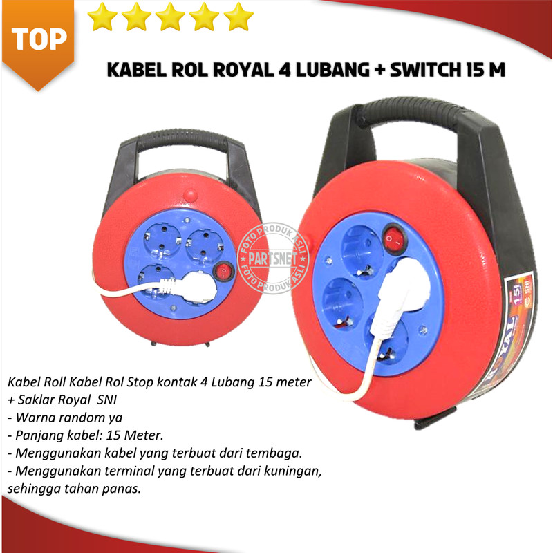 Kabel Roll Kabel Rol Stop kontak 4 Lubang 15 meter + Saklar Royal  SNI