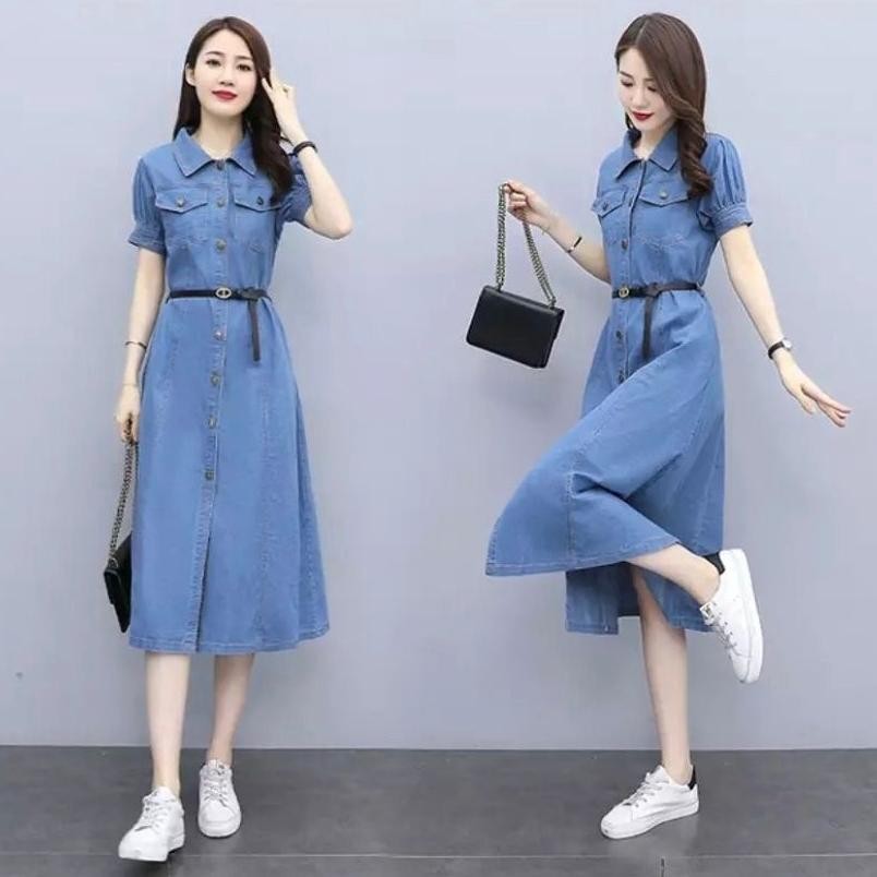 CR - DRESS JEANS WANITA LENGAN PENDEK / LONG TUNIK JEANS WANITA LENGAN PENDEK ( FREE BELT ) TERLARIS