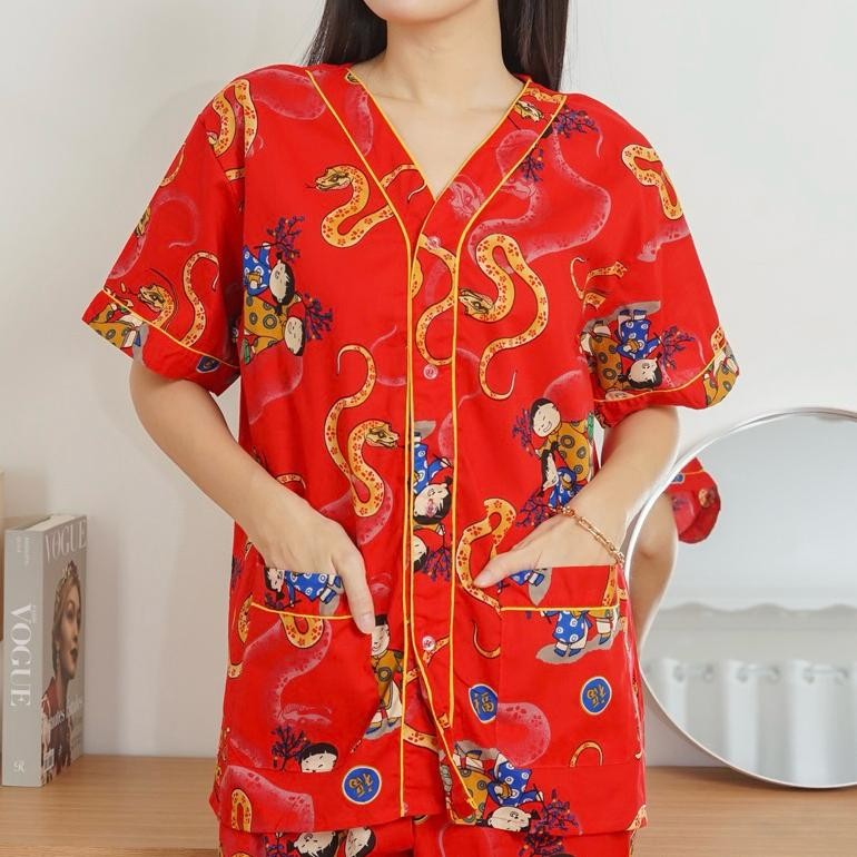 [WINGO] PIYAMA KATUN IMLEK SHIO ULAR NAGA MERAH BAJU TIDUR COUPLE KELUARGA IBU ANAK CP