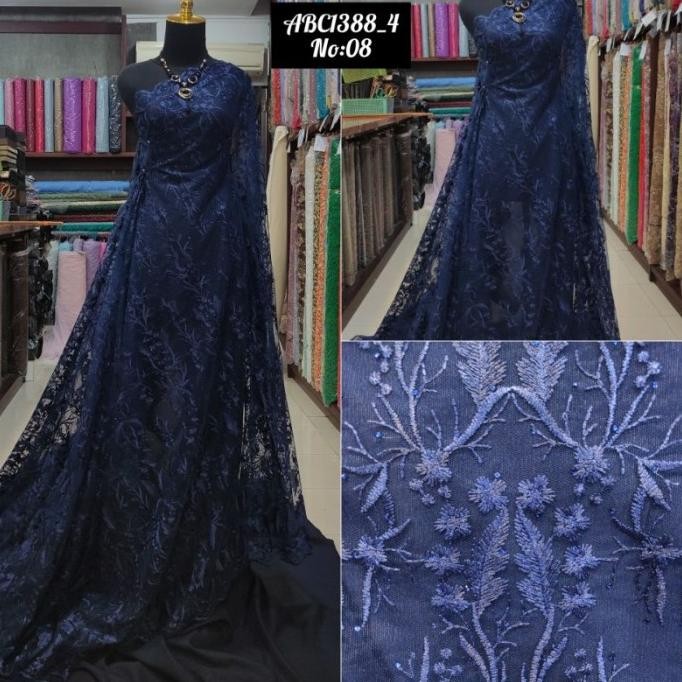 Kualitas terbaik] KAIN TILE BROKAT STONE PAYET AKAR ABC1388_4 no8 biru Dongker